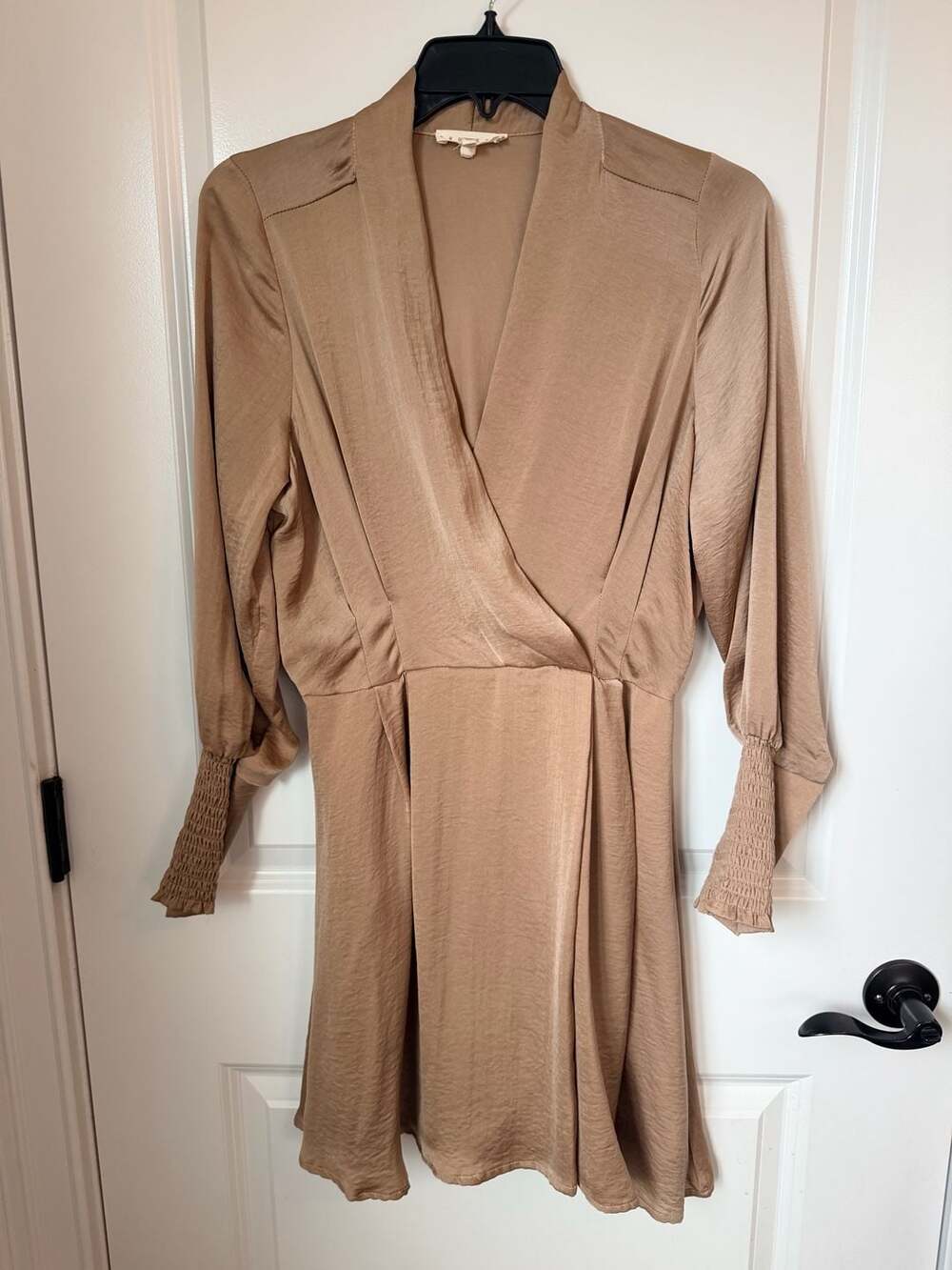 Promesa Women's Size S Tan Satin Long Sleeve Wrap Mini Dress